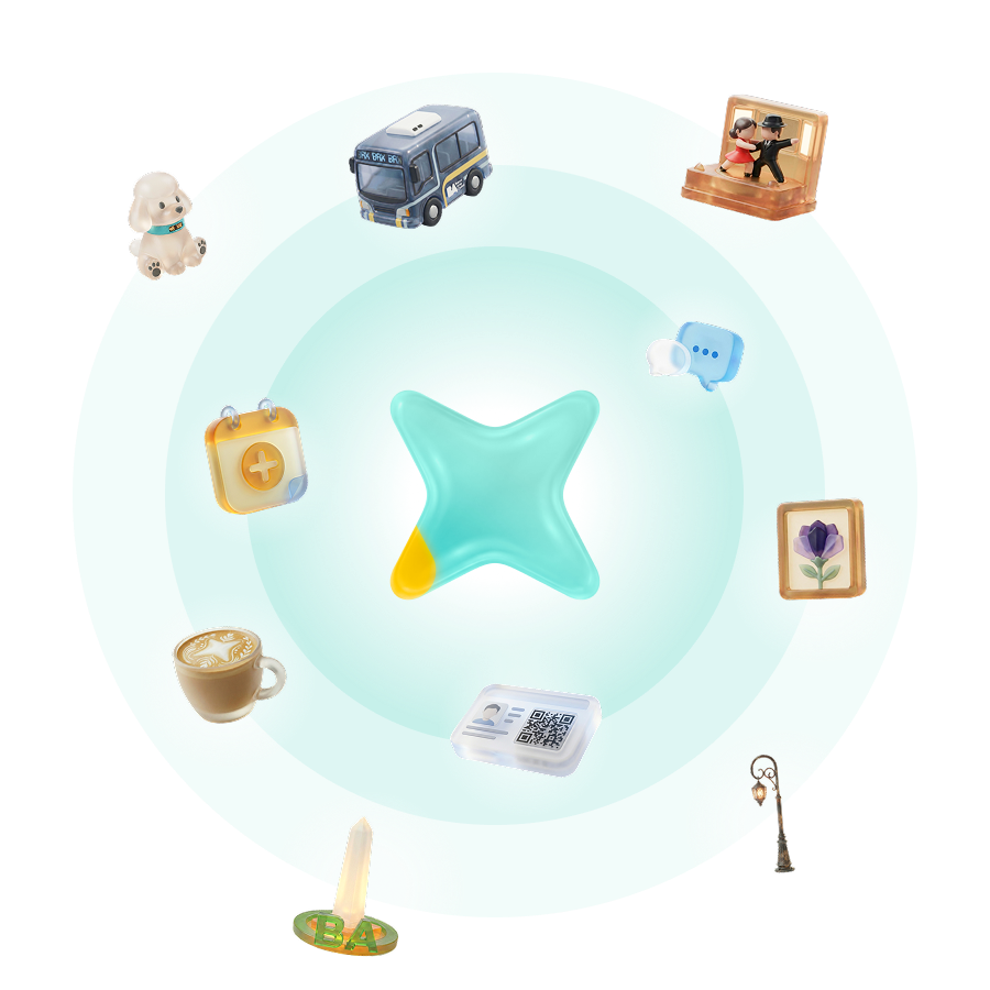 Ícono de BAX en el centro, rodeado de servicios y actividades de la ciudad, para representar que todo se gestiona desde un solo lugar.