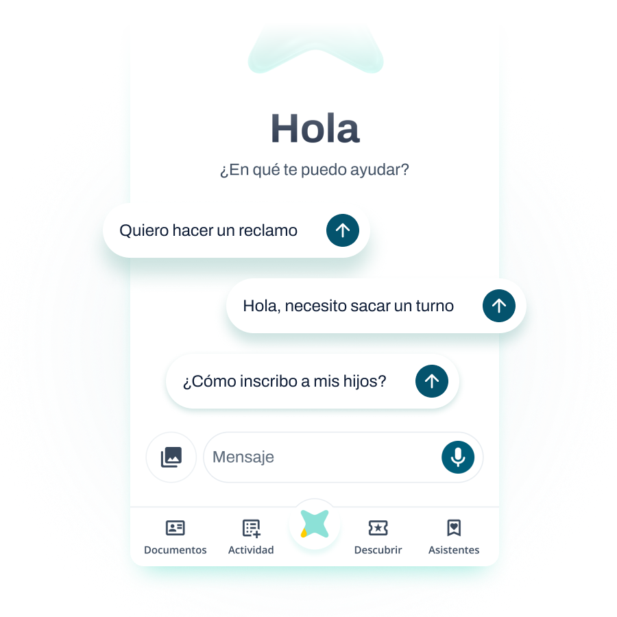 Pantalla de chat de BAX con ejemplos de preguntas en lenguaje natural, para mostrar que se pueden iniciar trámites y consultas conversando.