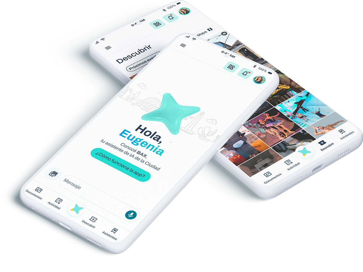 Capturas de pantalla de la app BAX en teléfonos, mostrando la pantalla de bienvenida y la sección Descubrir.